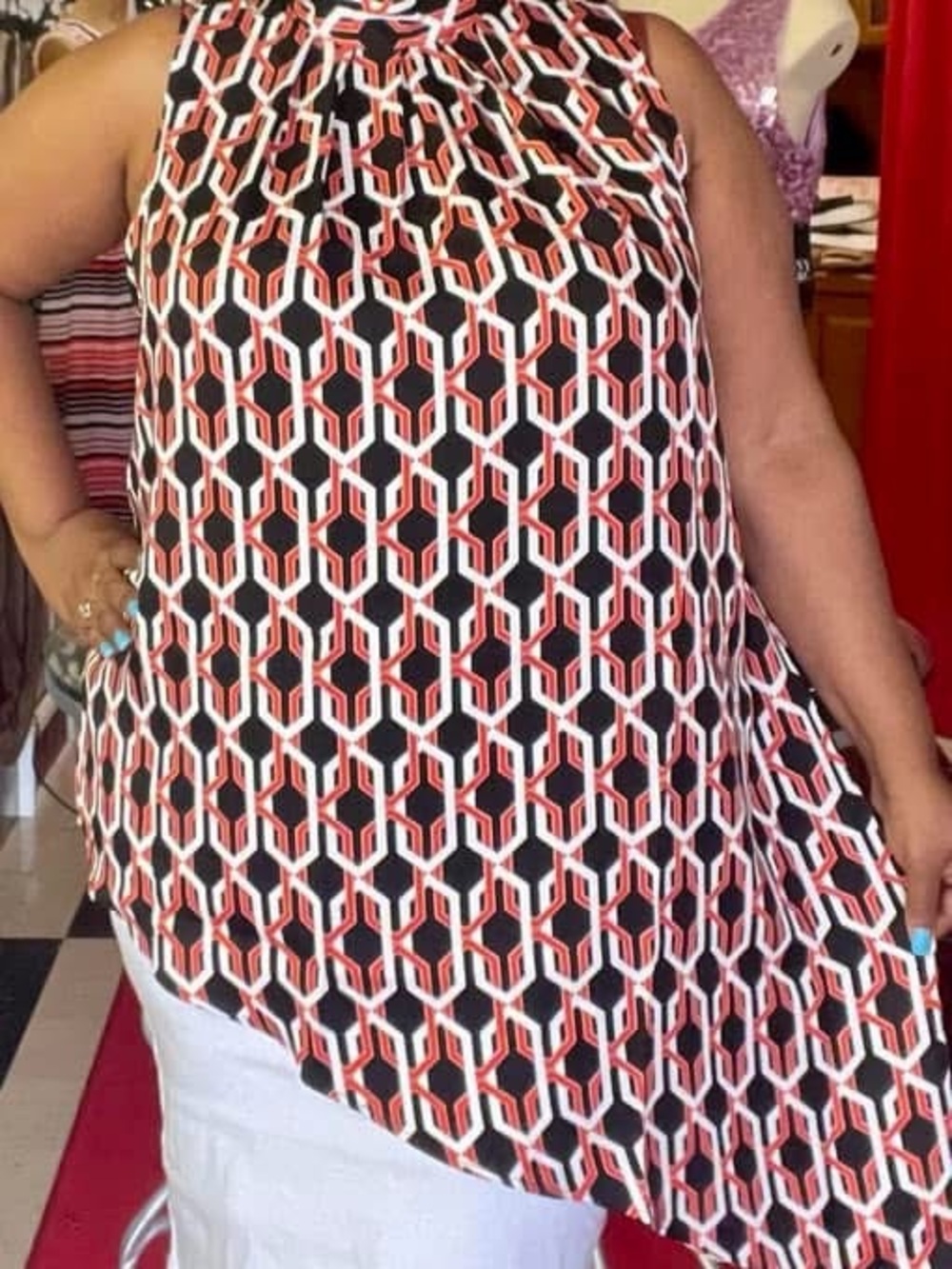 New York & Company Black, White & Coral Geometric Sleeveless Tunic